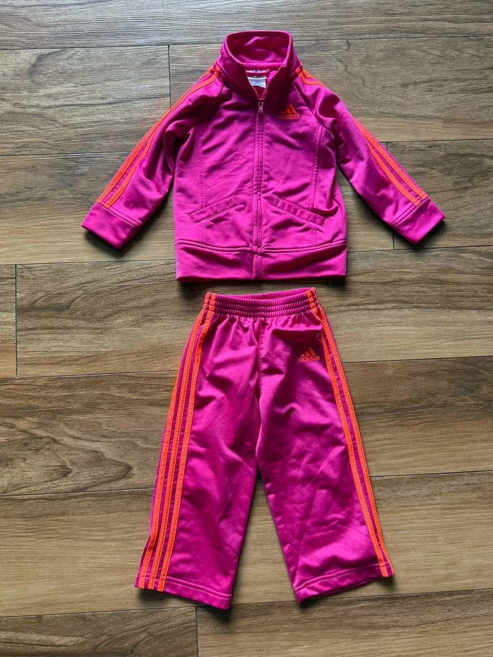 Adidas Toddler 2 Piece Tracksuit Set Pink Orange 18M Three Stripe Jacket Pants